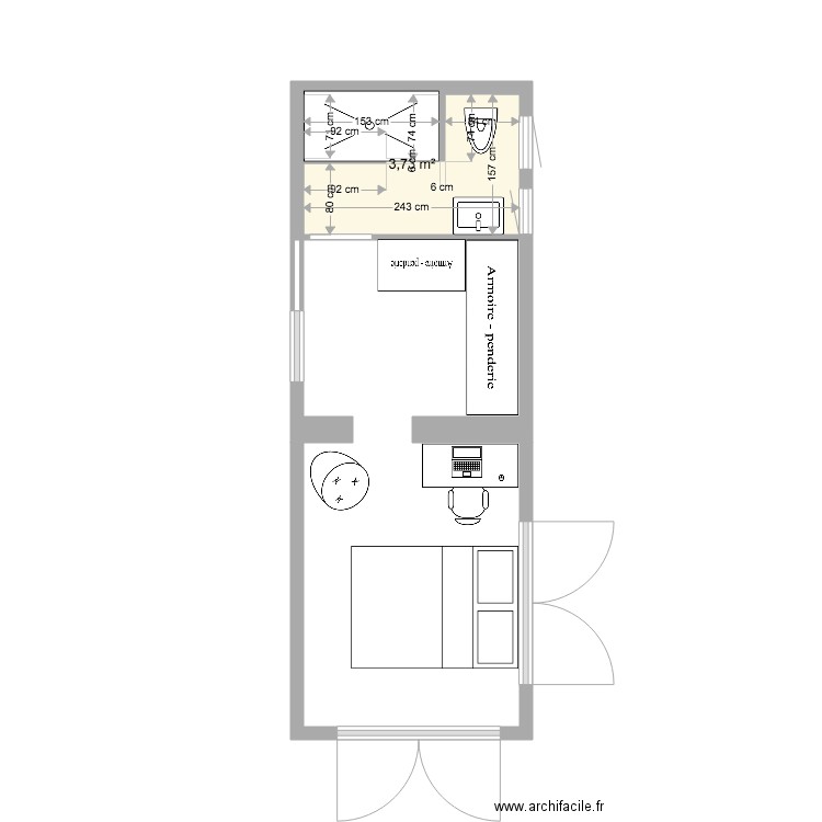 yoni4. Plan de 1 pièce et 4 m2