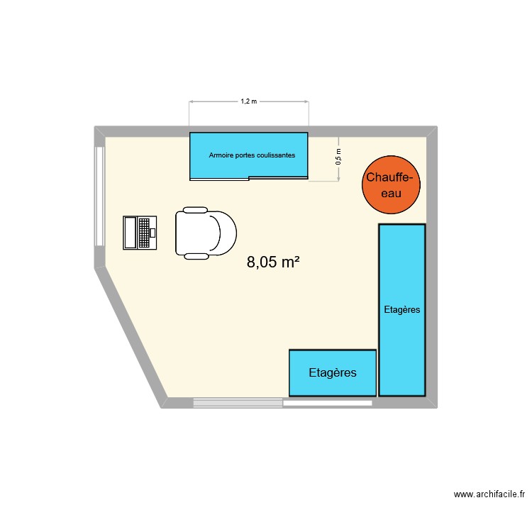 BUREAU. Plan de 1 pièce et 8 m2