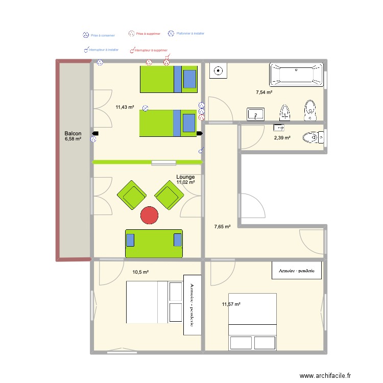 Lounge et nouvelle chambre. Plan de 8 pièces et 69 m2