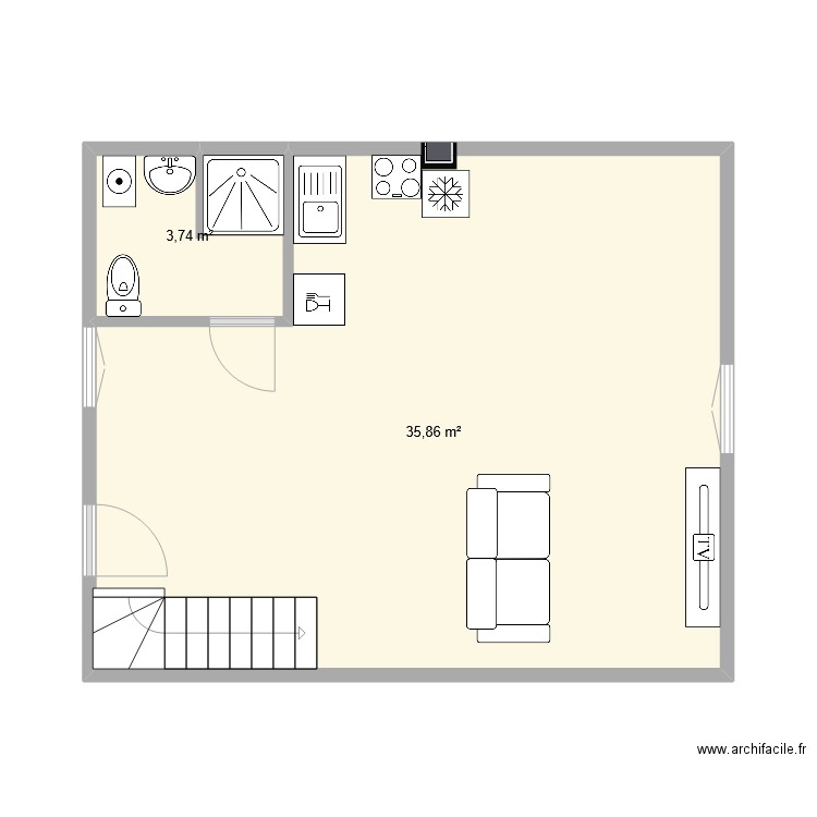 rdc14 ter. Plan de 2 pièces et 40 m2