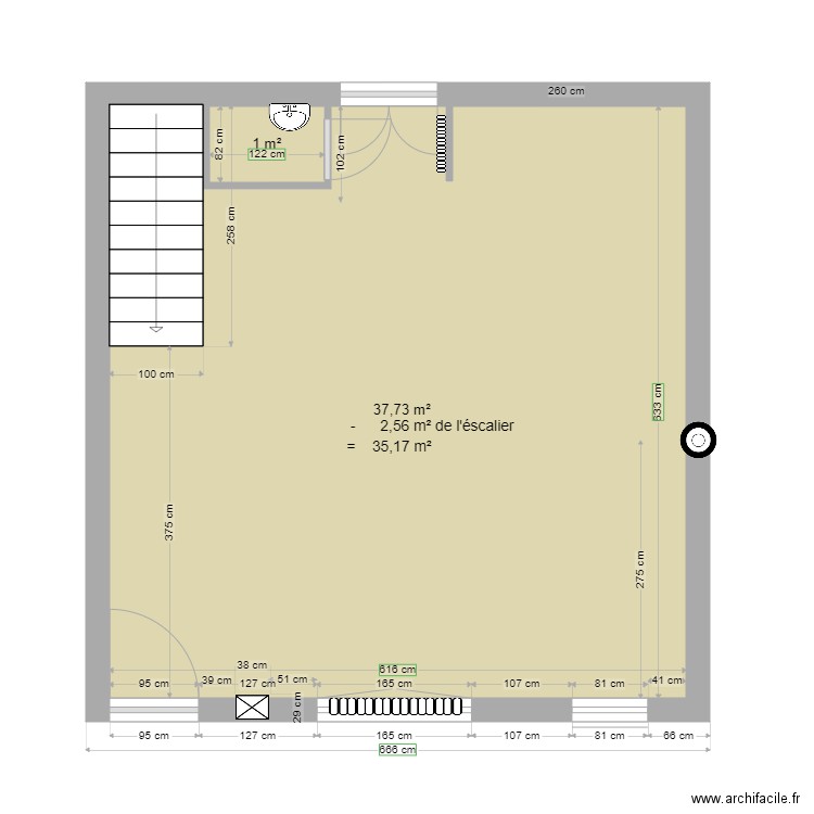 surfaces. Plan de 2 pièces et 39 m2