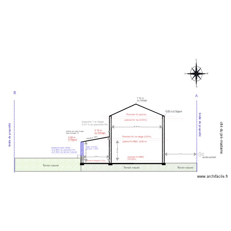 COUPE AB projet refait . Plan de 3 pièces et 37 m2