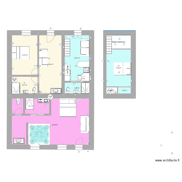 Log 03-2. Plan de 11 pièces et 108 m2