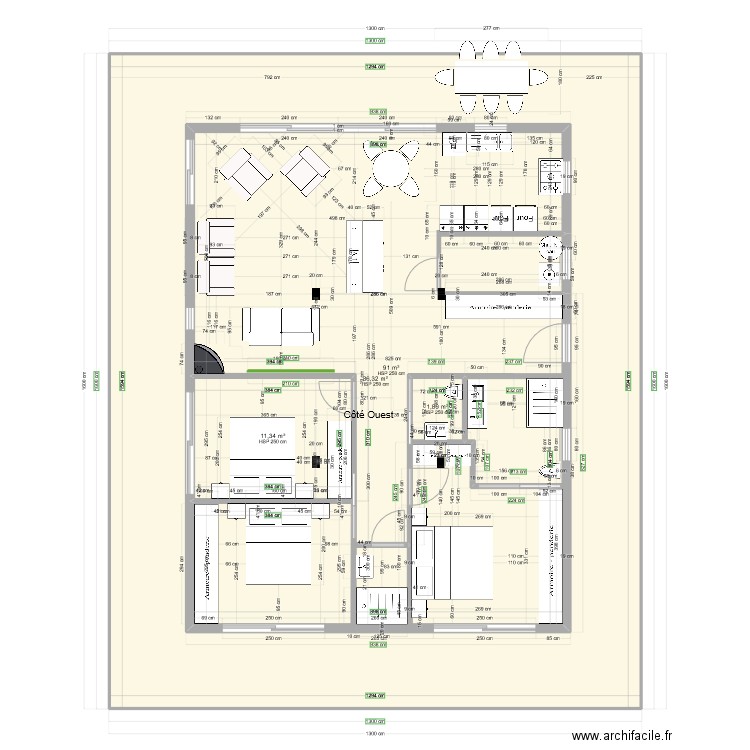 108 m2 sur 1 niveau Etude A1. Plan de 4 pièces et 314 m2