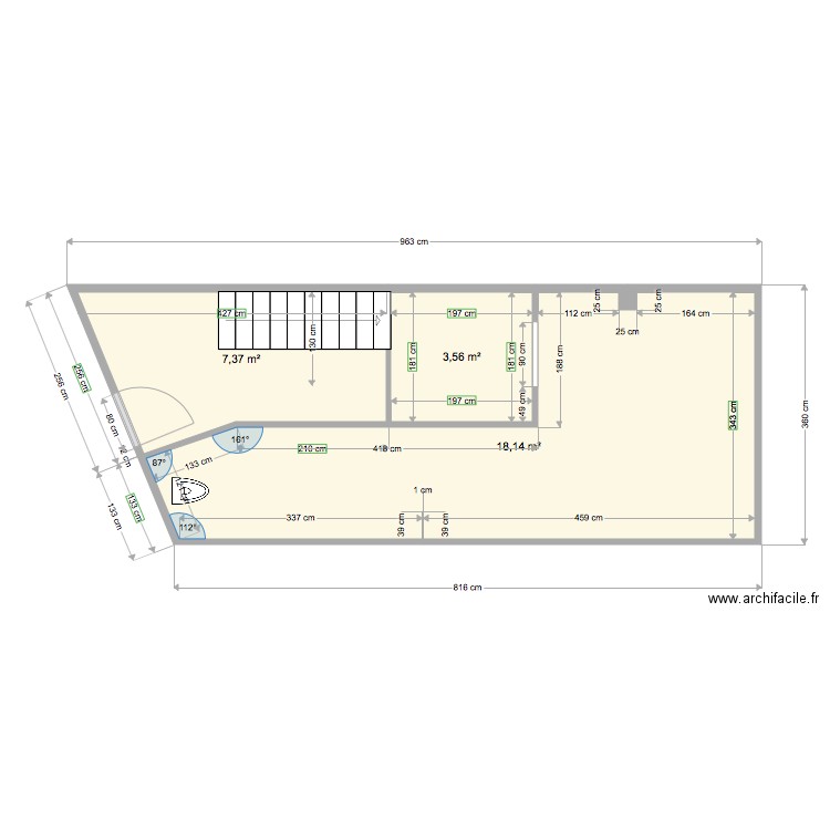 Mesures hall hamam novembre SANS CLOISON. Plan de 3 pièces et 29 m2