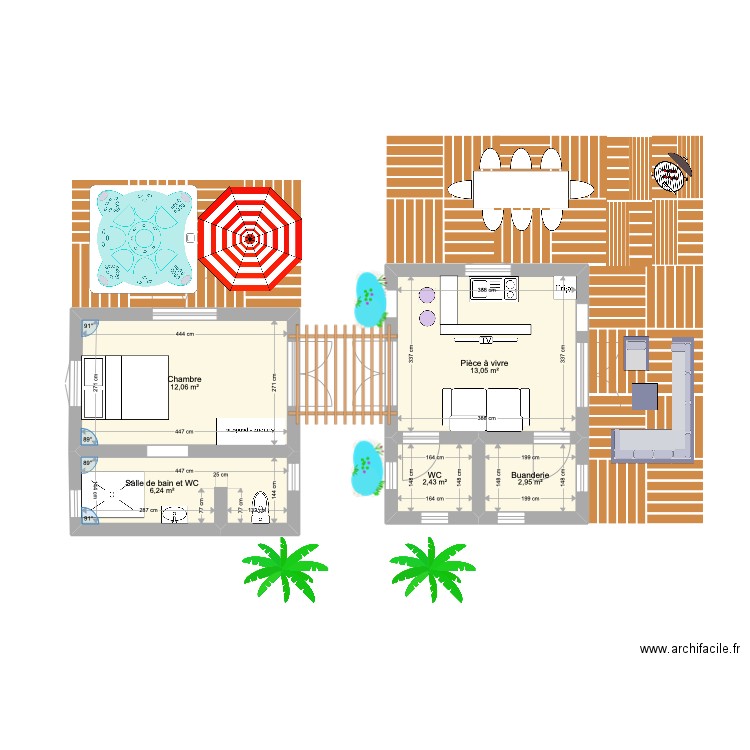 bungalow x2. Plan de 5 pièces et 37 m2