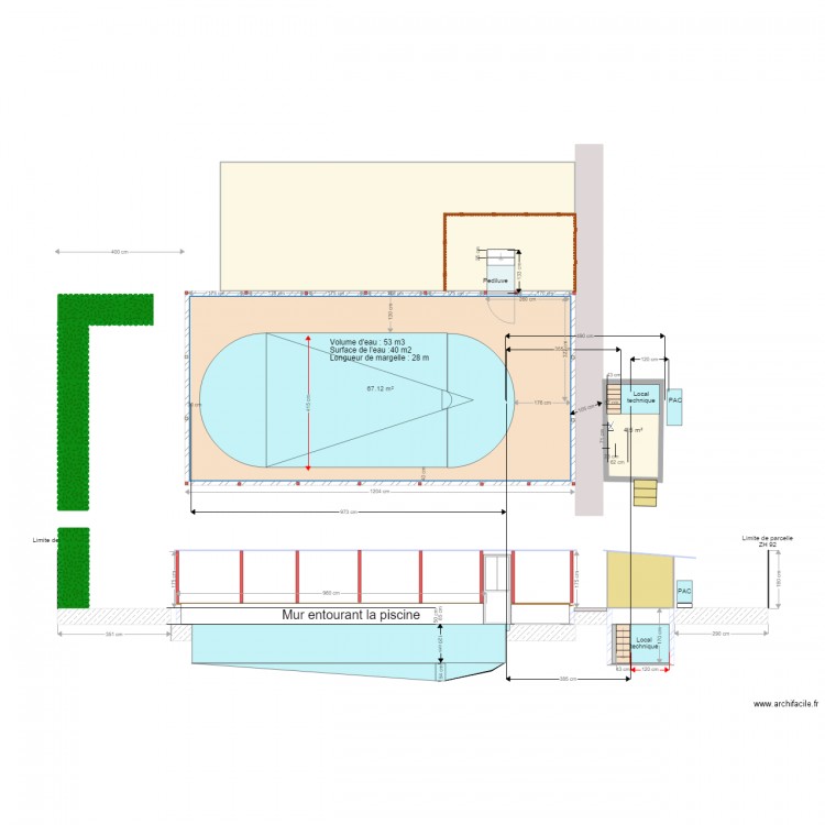 Plan coupe piscine avec local technique. Plan de 0 pièce et 0 m2