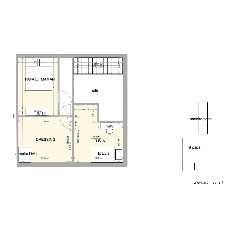 etage maison. Plan de 3 pièces et 33 m2