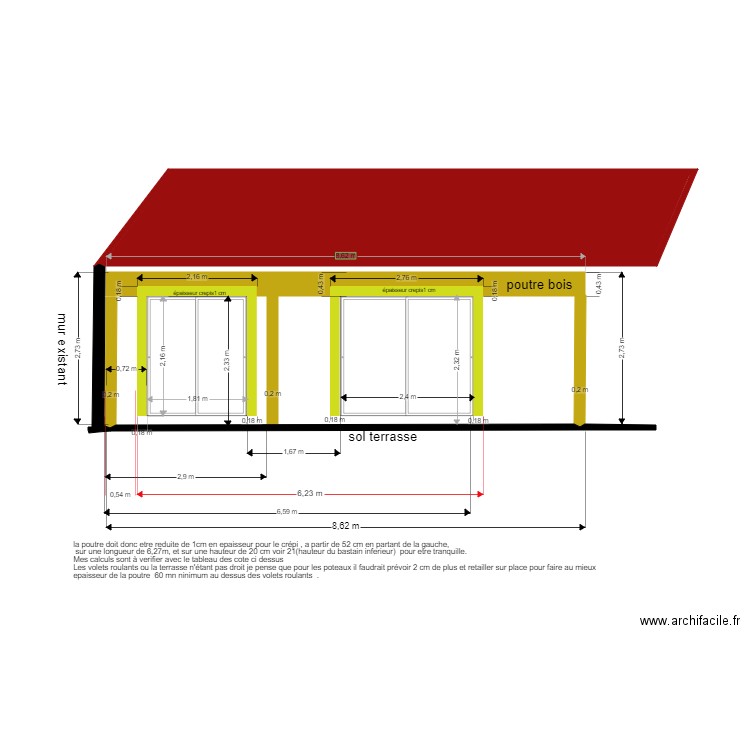 poutre bois pour la veranda. Plan de 1 pièce et 15 m2