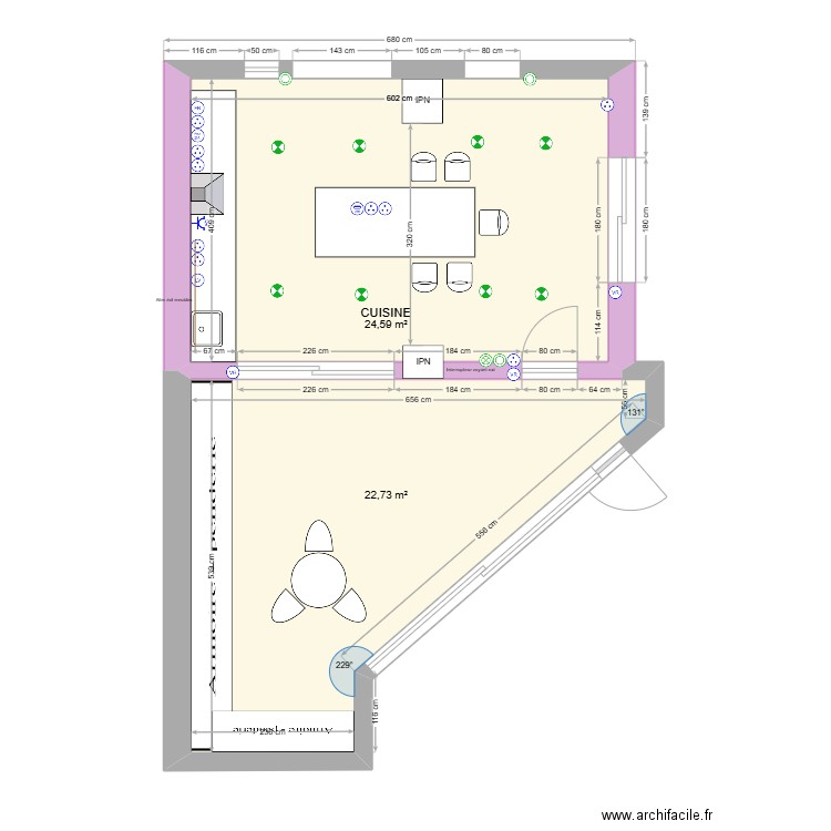 Cuisine. Plan de 2 pièces et 47 m2