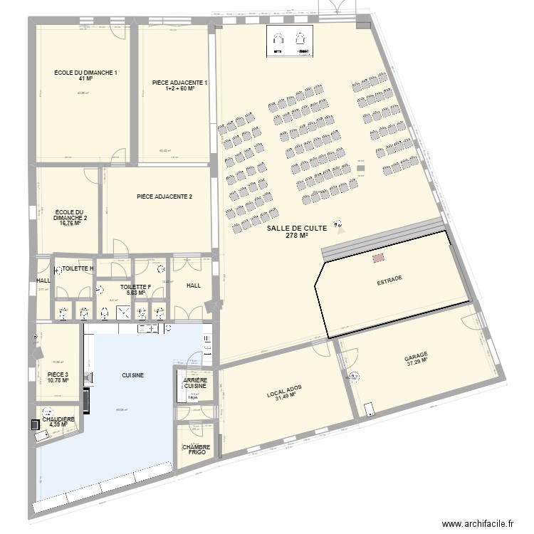 Eglise Bethel Manage 2023. Plan de 17 pièces et 504 m2