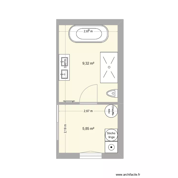 SdB RDC. Plan de 2  et 15 m²