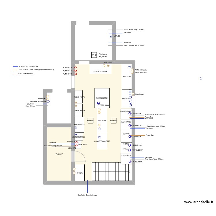 CUISINE SOL. Plan de 2 pièces et 45 m2