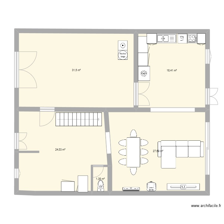 RDC + cuisine +wc. Plan de 5 pièces et 103 m2