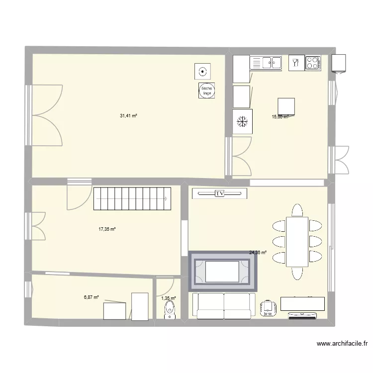 RDC + cuisine +wc. Plan de 6  et 97 m²