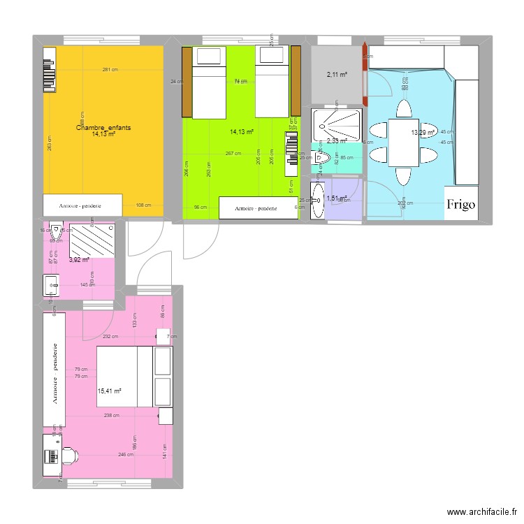 Plan chambres enfants. Plan de 8 pièces et 67 m2