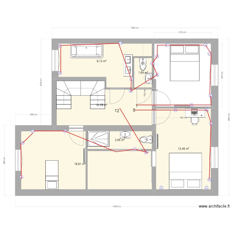 Sèvres 57 R+1 electricité prise. Plan de 6 pièces et 58 m2