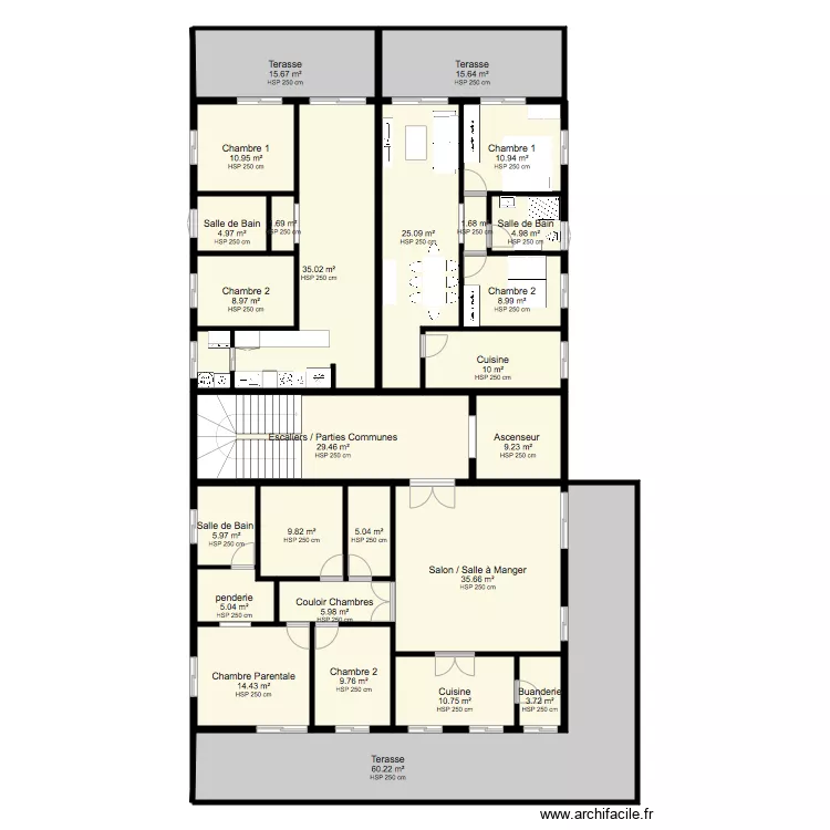 Etage 3 appartements. Plan de 