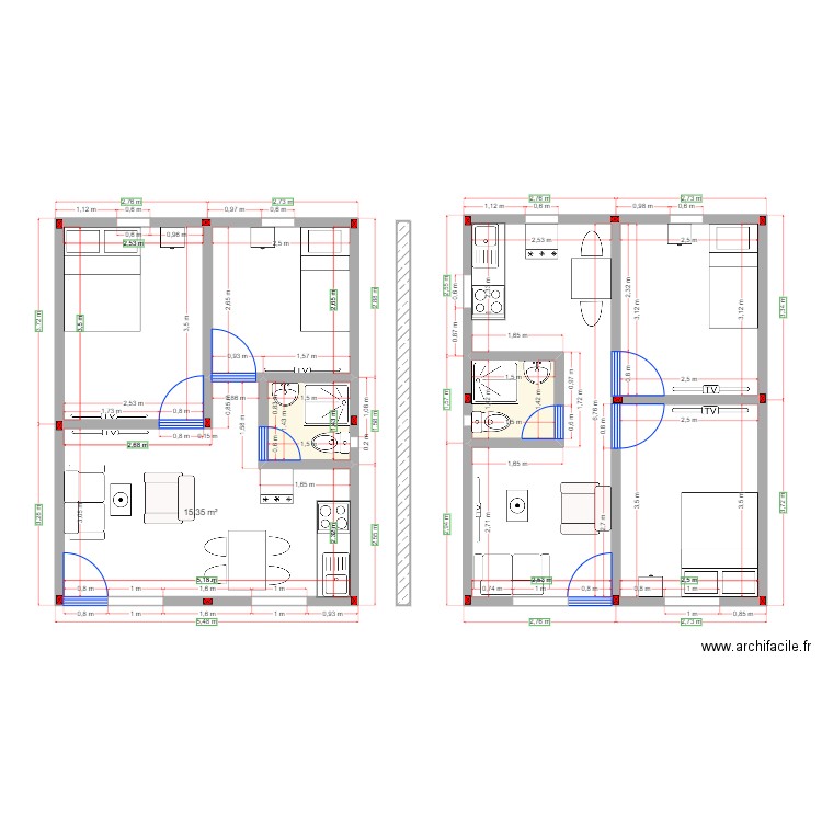 PLANO CASA 5X7 version 1. Plan de 8 pièces et 66 m2