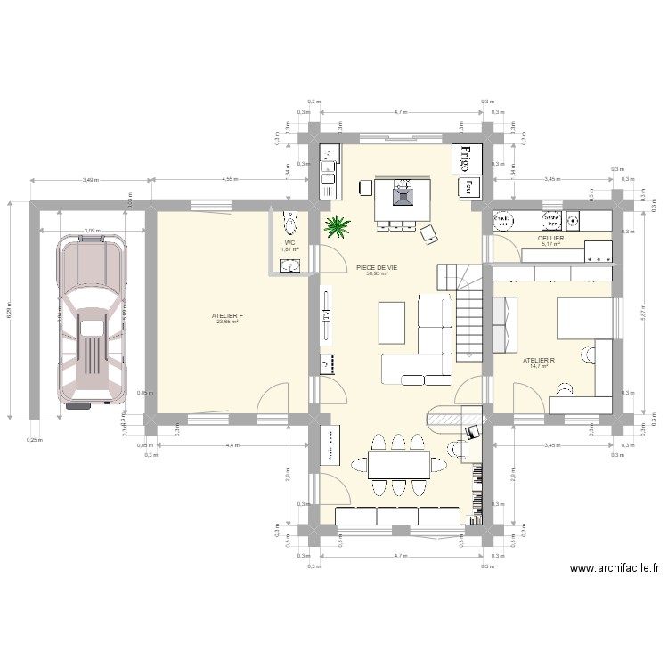 FUSTE RDC Meublé. Plan de 5 pièces et 96 m2