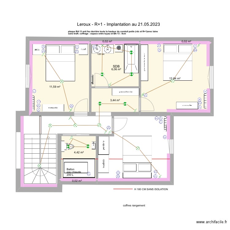 LEROUX LA BAULE R+1 Electricite plomberie 21.05.2023. Plan de 8 pièces et 39 m2