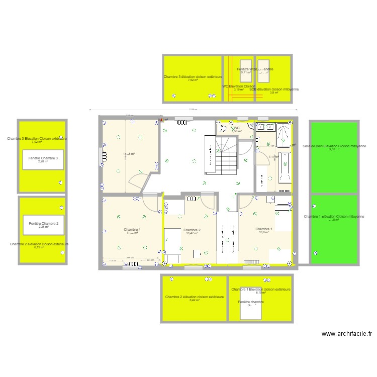Agrandissement DSFA 1er etage Cloisons internes et périphériques v7 avec électricité. Plan de 22 pièces et 130 m2