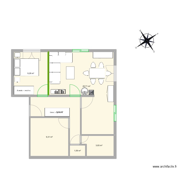 Plan modifié 1. Plan de 6 pièces et 57 m2