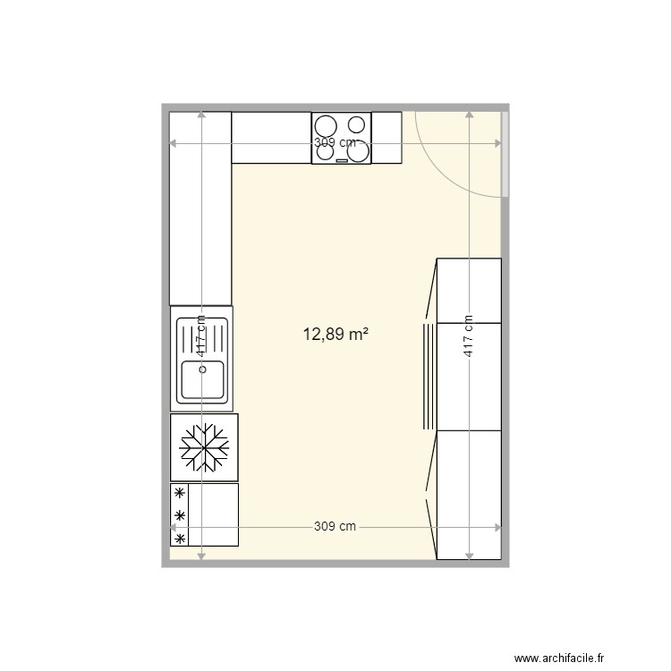 Cuisine G1. Plan de 1 pièce et 13 m2