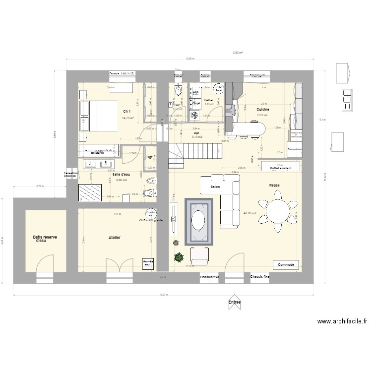 Loft Agrandissement R de C 2.. Plan de 3 pièces et 97 m2