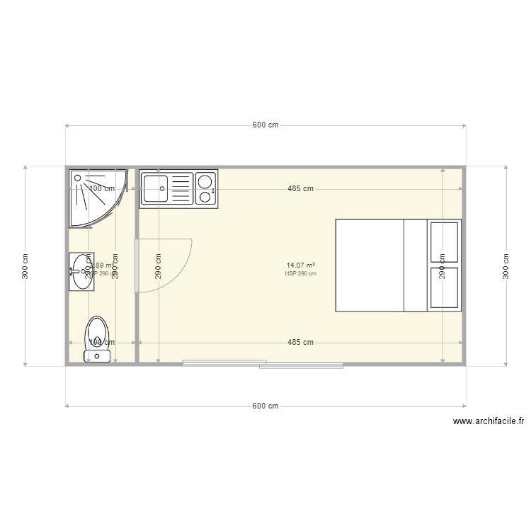 tudio 18m2. Plan de 2 pièces et 17 m2