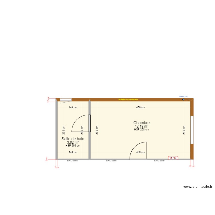Projet Chambre - version surface. Plan de 2 pièces et 16 m2