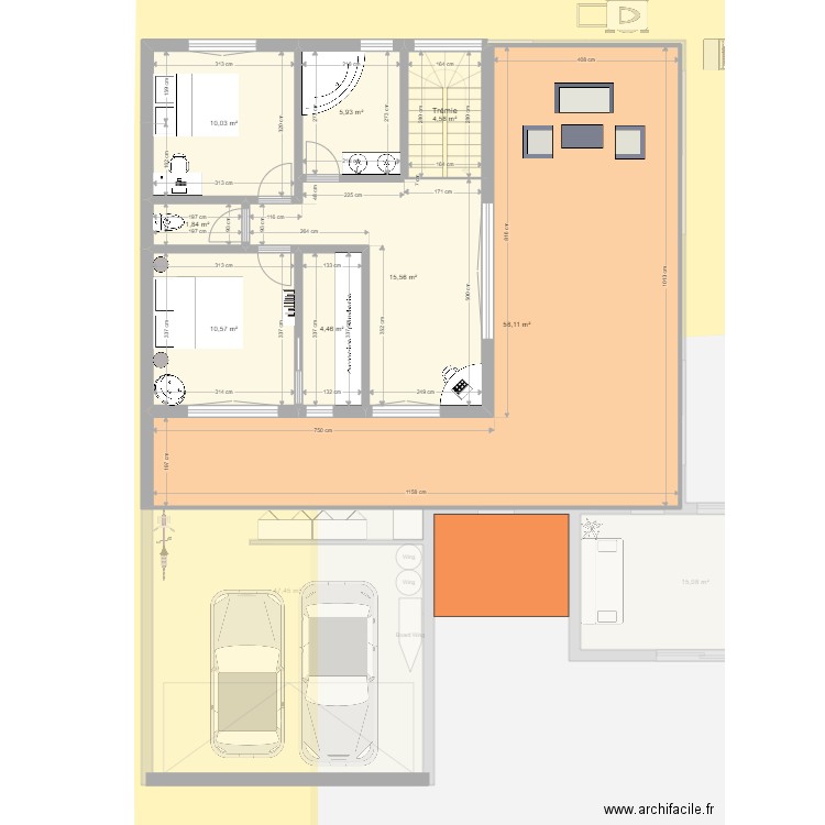 Maison L, chambre sud. Plan de 15 pièces et 268 m2