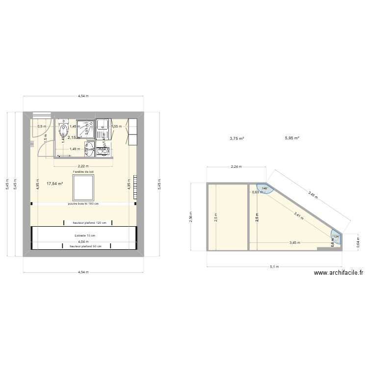 exist. Plan de 4 pièces et 29 m2