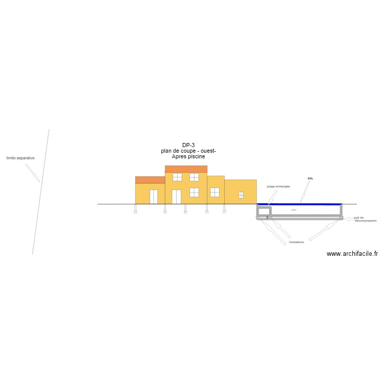 DP3 plan de coupe-APRES piscine. Plan de 6 pièces et 22 m2