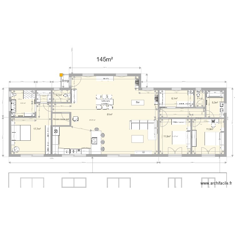 Sans terrain chb parentales independente avec avancée GARAGE EN SOUS SOL. Plan de 6 pièces et 147 m2