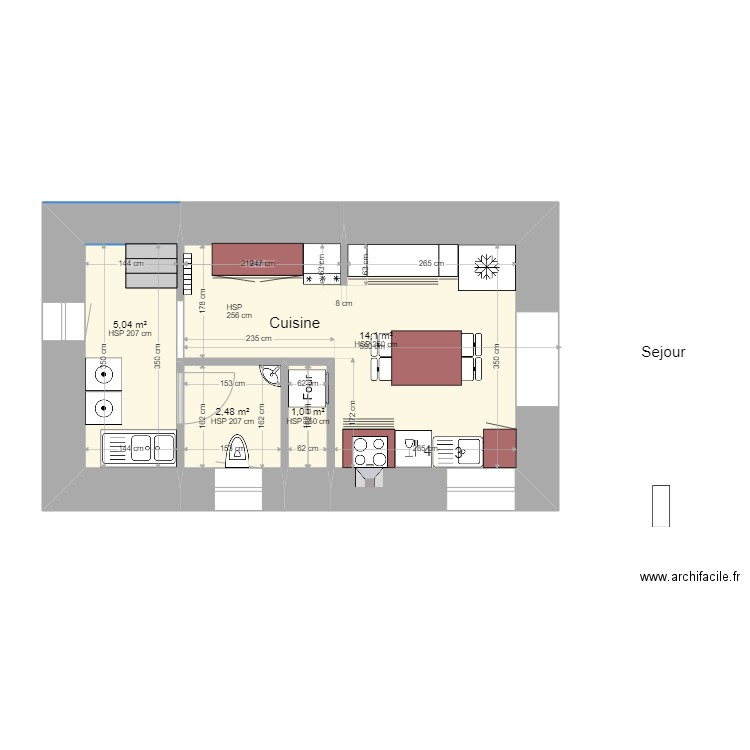 Cuisine VARENNES BIS. Plan de 4 pièces et 23 m2