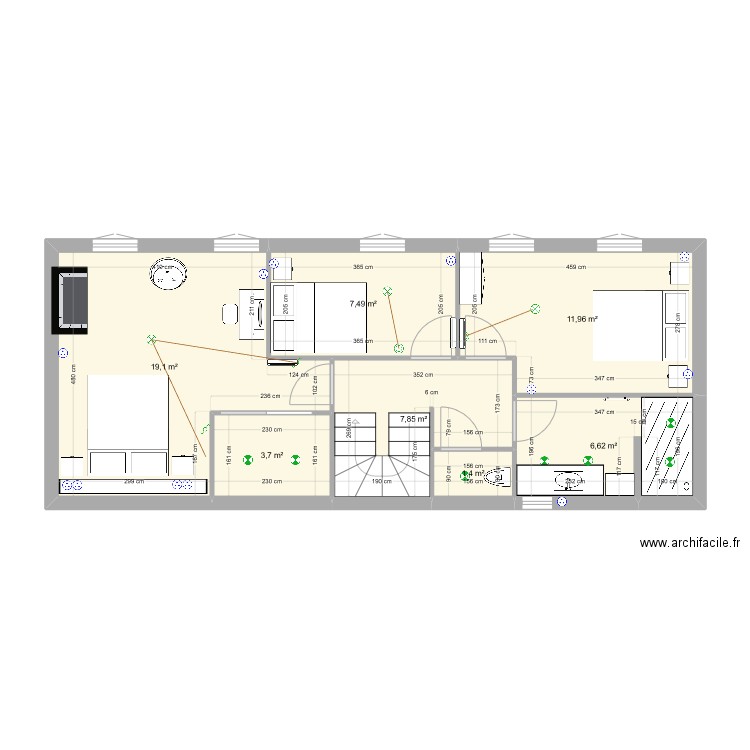 EtageMaisonOption1. Plan de 7 pièces et 58 m2