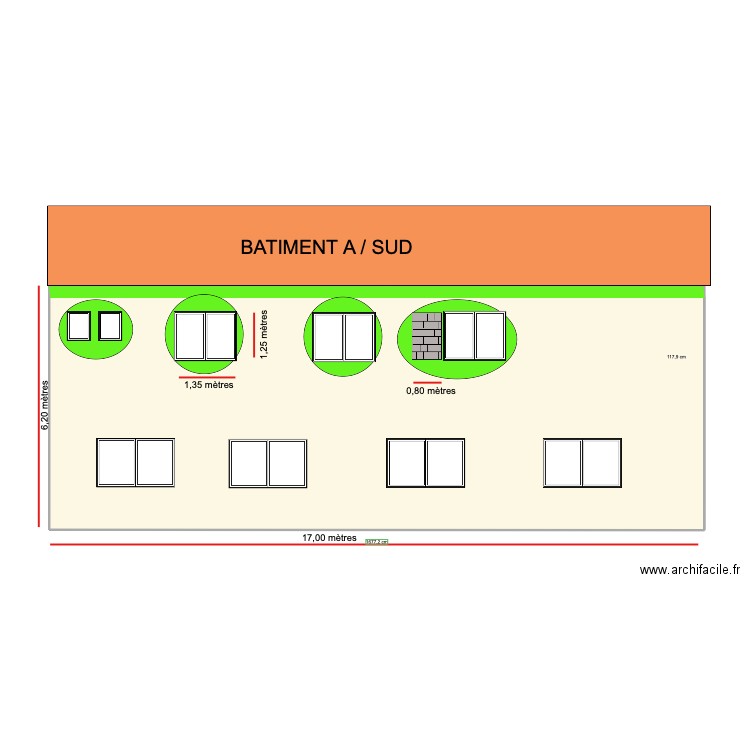 FACADE SUD . Plan de 2 pièces et 100 m2