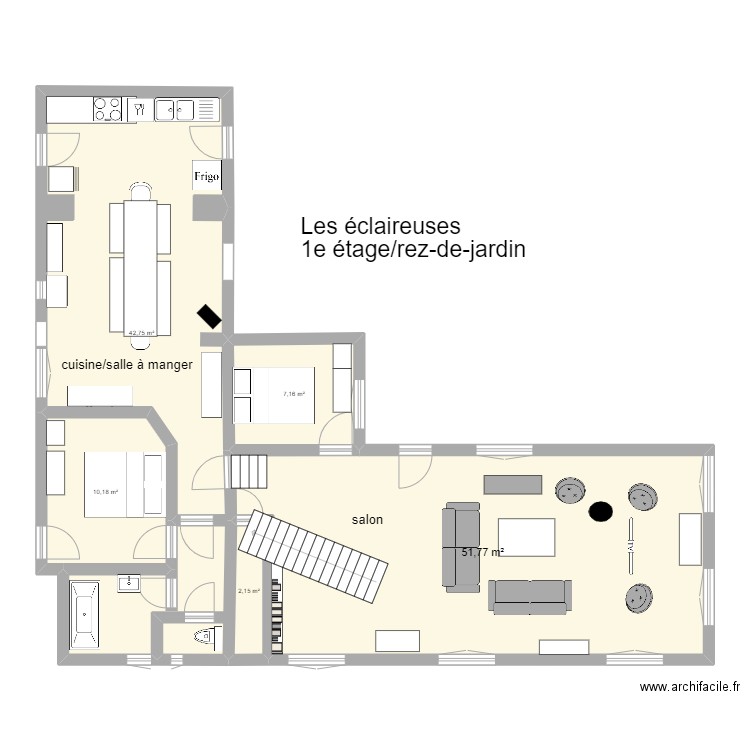 Les éclaireuses - 1e étage/rez-de-jardin. Plan de 5 pièces et 114 m2