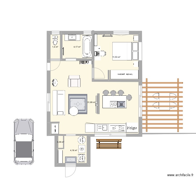 Maison bois 55m2 avec entrée, terasse. Plan de 6 pièces et 54 m2