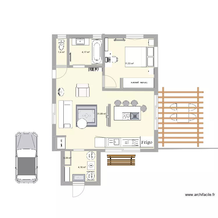 Maison bois 55m2 avec entr&eacute;e, terasse. Plan de 