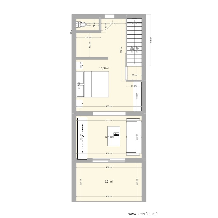 chambre. Plan de 4 pièces et 42 m2