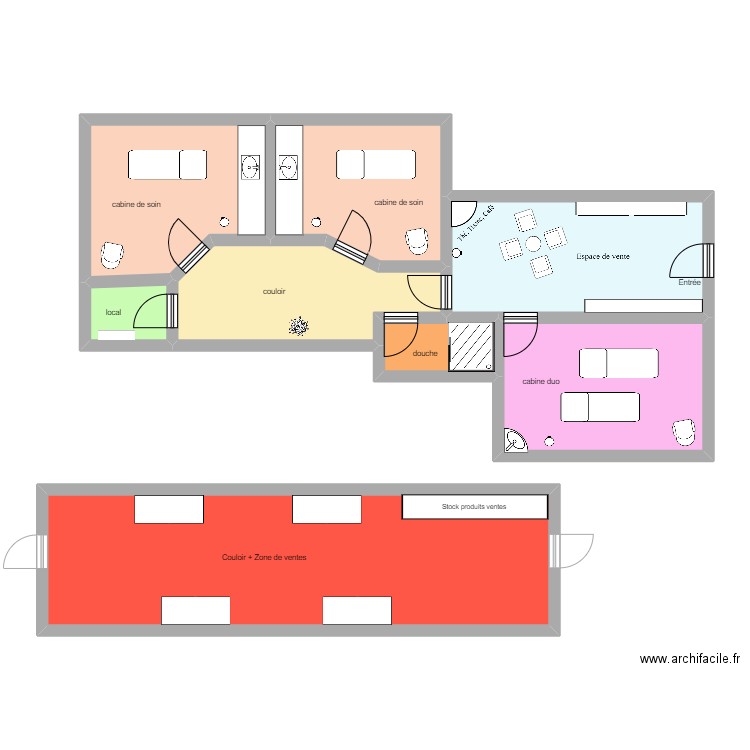 Plan du spa bambou x2 zone de vente. Plan de 8 pièces et 110 m2