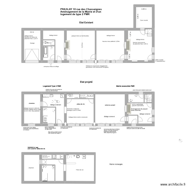 Praslay Aménagement de la Mairie et d'un logt communal. Plan de 10 pièces et 275 m2