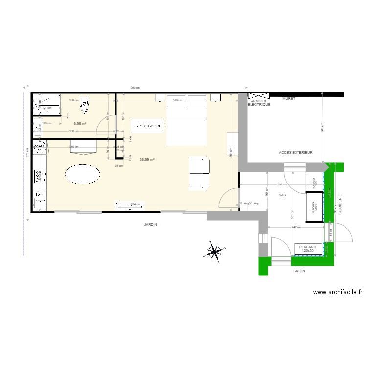 EXTENSION 2. Plan de 2 pièces et 43 m2