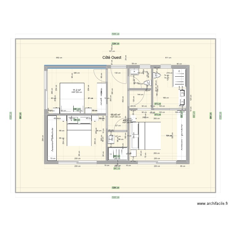 Chambres 6 x 9 mètres étage simulation côté ouest situé au rez collé à partie séjour cuisine escalier à ajouter. Plan de 3 pièces et 180 m2