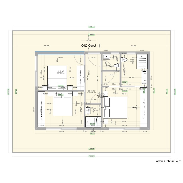 Chambres 6 x 9 mètres étage simulation côté ouest situé au rez collé à partie séjour cuisine escalier à ajouter. Plan de 0 pièce et 0 m2