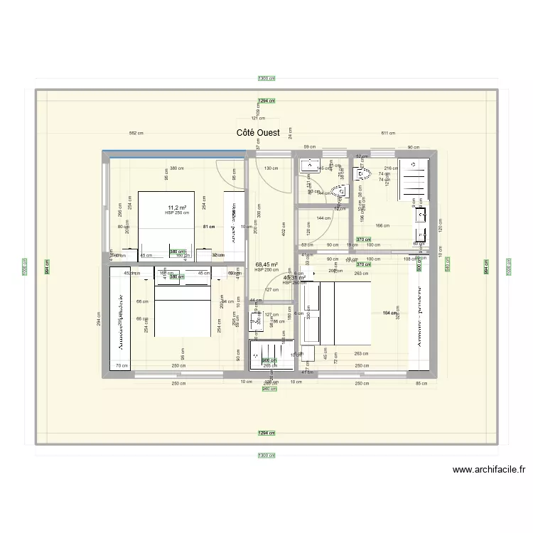 Chambres 6 x 9 m&egrave;tres &eacute;tage simulation c&ocirc;t&eacute; ouest situ&eacute; au rez coll&eacute; &agrave; partie s&eacute;jour cuisine escalier &agrave; ajouter. Plan de 