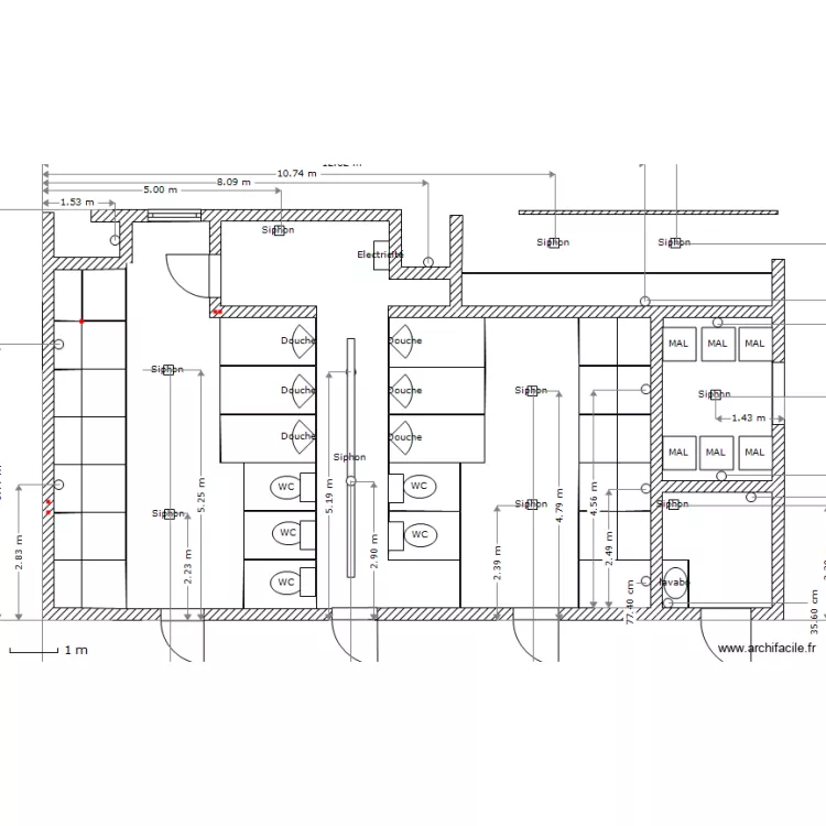 Sanitaire 200pl V2 evacuations. Plan de 