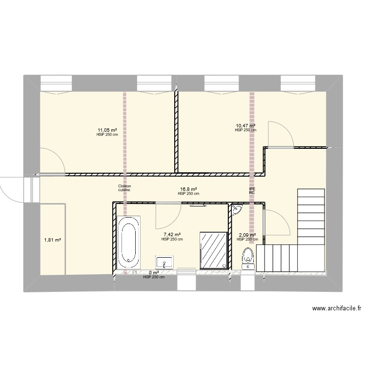 République étage projet 1qter avec isolation mur 60cm. Plan de 8 pièces et 104 m2